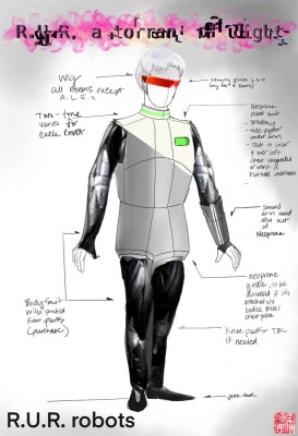 A robot costume drawing, for R.U.R. A Torrent of Light. COURTESY JOANNA YU