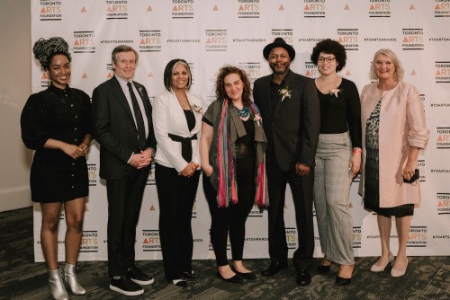 Left to right: host, Amanda Parris, Mayor Tory, Meridian’s Wanita Fonseka, Never Gallery Ready’s Karen Darricades, spoken-word artist Dwayne Morgan, Breakthrough Artist Award-winner Shelly Grace, and TAF/TAC CEO Claire Hopkinson