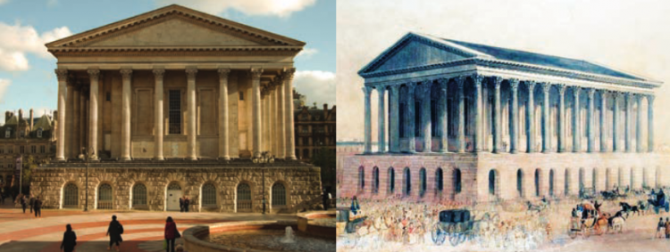 L to R: Birmingham Town Hall, today (photo by Jim Osley); artist's impression (1831) by W. Harris, of the Hansom & Welch design, as entered into the competition to design the building.