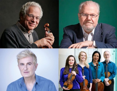 Itzhak Perlman (Top L) and Friends: Emanuel Ax (Top R); Jean-Yves Thibaudet (Lower L); Juilliard String Quartet (Lower R).