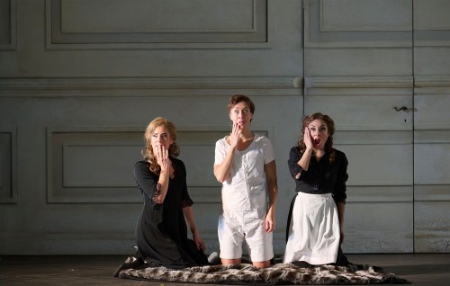 In the Canadian Opera Company’s 2023 production of 'The Marriage of Figaro', (l-r) Lauren Fagan as the Countess, Emily Fons as Cherubino and Andrea Carroll as Susanna. Photo by Michael Cooper.