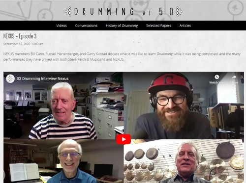 Drumming@50, Interview 3. Clockwise from top, at right: Sō Percussion’s Josh Quillen with NEXUS members Garry Kvistad, Russell Hartenberger and Bill Cahn talk about learning Drumming while Steve Reich was composing it, and about their many performances of it.