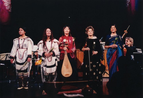 From Tafelmusik’s 2014 "Four Seasons: Cycle of the Sun" (L to R): Inuit throat singers Beatrice Deer and, Sylvia Cloutier; Wen Zhao, pipa; Jeanne Lamon, violin; and Aruna Narayan Kalle, sarangi. Christina Mahler, cello, is seated behind the soloists.