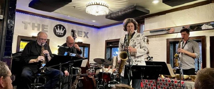 Jonathan (centre) and Andrew Kay (right), at the Rex in Toronto with saxophonist Pat LaBarbera and bassist Roberto Occhipinti. They will be together again for The Coltrane Sutras at The Jazz Room in Kitchener, Dec 9.