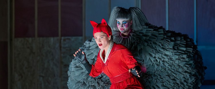 Jane Archibald as the Vixen and Carolyn Sproule as the Dog (behind) in the Canadian Opera Company’s production of "The Cunning Little Vixen" 2024.