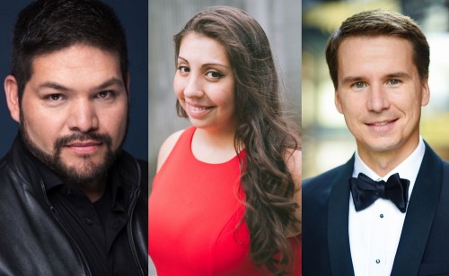 Mississauga Symphony’s Tosca cast includes: (l-r) soprano Angela Maria Sanchez as Tosca; tenor Ernesto Ramirez as Cavaradossi; baritone Andrey Andreychik as Scarpia.