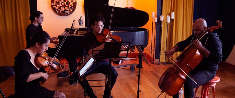 Freesound collective. L-R: Wesley Shen, piano; Aysel Taghi-Zada, violin; Matthew Antal, viola; Amahl Arulanandam, cello. Photo by Shawn Erker.