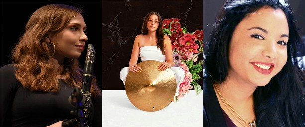 This year's Toronto Arts Foundation Breakthrough Jazz Artist Award finalists at the TD Toronto Jazz Festival. (L-R): Clarinetist Virginia MacDonald, Drummer Sanah Kadoura, and pianist Dánae Olano.