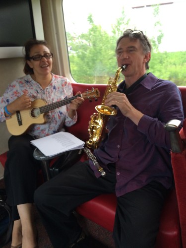 Maryem and Ernie Tollar, performing on the eastbound train to Halifax. Credit: Sherley Kenny.