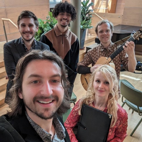 Diapente Vocal Quintet, clockwise from back left: Peter Koniers, countertenor; Martin Gomes, bass; Jonathan Stuchbery, tenor & plucked strings; Jane Fingler, soprano; Alexander Cappellazzo, tenor. Photo by Alexander Cappellazzo.