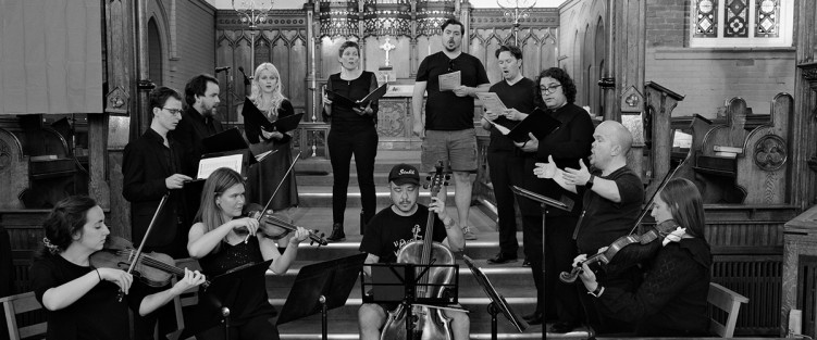 Trinity Bach Project: rehearsing Brahms’ Geistliches Lied, Op. 30, before the May 13, 2023 concert, Bach and Brahms. Photo by Simon Remark.
