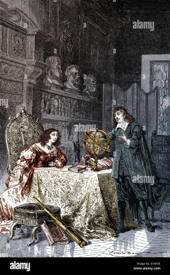 Descartes discusses philosophy with Queen Christina of Sweden in an illustration for La Ciencia Y Sus Hombres by Luis Figuier (D Jaime Seix, 1876). The image is a chromolithograph by Josep (or Jose) Planella (Spain 1804–90).