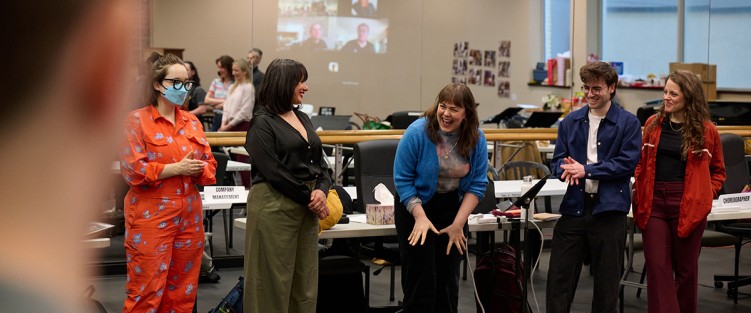 First rehearsal of "Life After". L to R: Alex Edwards, Mariand Torres, Britta Johnson, Ryan Lewis, Kaylee Harwood. Photo by Michael Cooper.