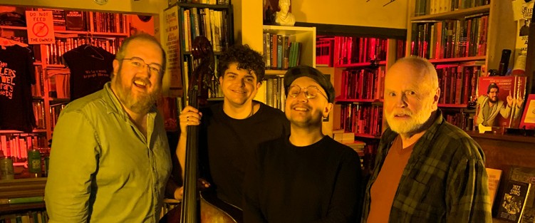 At left, Mike T. Kerr with Max Simpson and Jared Higgins; Peter Sellers at far right. Photo courtesy of Andrew Scott.