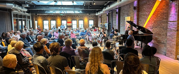 Ladom Ensemble (Adam Campbell, percussion; Beth Silver, cello; Michael Bridge, accordion; and Pouya Hamidi, piano) at the third and final concert of Music Toronto’s Celebration of Small Ensembles series, June 1, 2024.