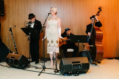 The Sonny Balcones perform at a Gatsby 1920’s party. (L-R) Bob Stevenson, Corry Ouellette, Jared Higgins and Rachel Melas.