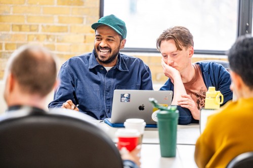 Ahmed Moneka and Jesse LaVercombe in a workshop for It's a Good Life If You Dont Weaken. Photo by Dahlia Katz.