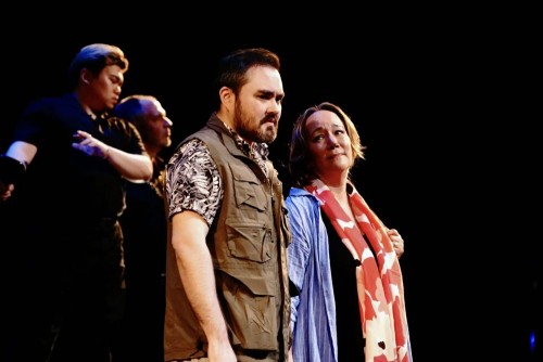 Evan Korbut and Marion Newman as Bird and Mimi, the couple at the centre of the Indians on Vacation story. Lurking behind are Danlie Rae Acebuque as Eugene (one of Bird’s demons), and  Giles Tomkins as Oz (another of Bird’s demons). photo: Lauren Halasz